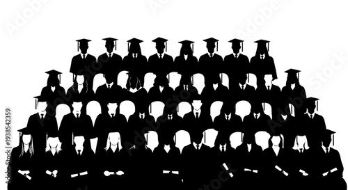Vector illustration of a large group of black silhouetted people in graduation attire arranged in rows on a white background, representing education and scholarly achievement.