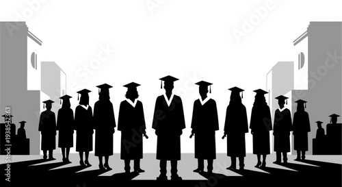Illustration of black silhouettes of people in graduation attire standing in front of buildings, with a simple background.