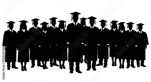 Black silhouettes of people in graduation attire standing together on a white background, representing education and scholarly achievement.
