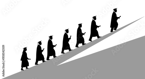 Vector illustration of black silhouettes of people in graduation attire walking up a slope on a white background with a gray shadow.