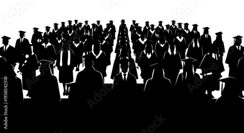 A large group of black silhouetted people in graduation attire stand together in a crowd on a white background, symbolizing education and scholarly achievement.