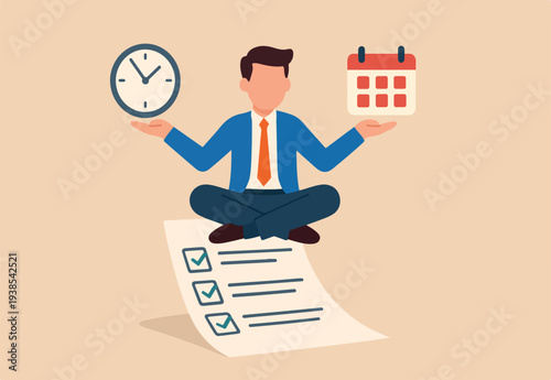 Self discipline or self control to complete work or achieve business target, time management to increase productivity concept, businessman meditate balancing clock and calendar on completed task paper
