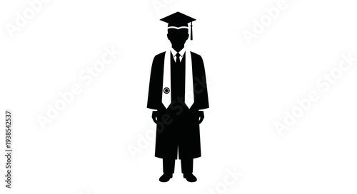 A black silhouette illustration of a scholar in graduation attire standing against a clean white background, symbolizing education and academic achievement.