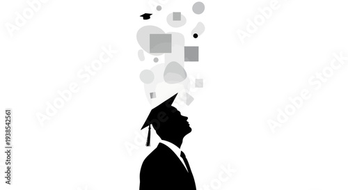 Black silhouette of a scholar in graduation attire with a cap, surrounded by floating geometric shapes on a white background, representing education and academic achievement.