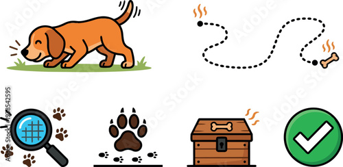 Flat design orange dog sniffing ground following dashed scent trail with magnifier paw prints treasure chest green checkmark low angle