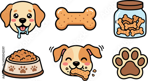 Kawaii flat design close up smiling puppy eating bone with drool jar of treats paw print sticker sheet beige brown accents