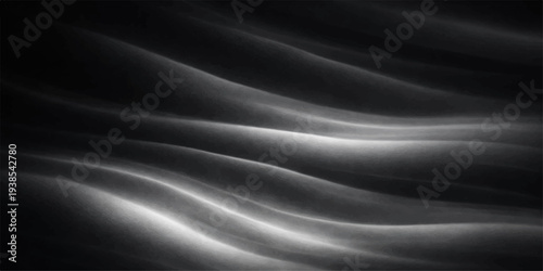 Smooth black satin and silk fabric background features flowing waves of luxury textile with soft light on a dark purple and blue motion curve design
