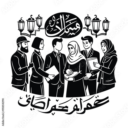 Vector illustration of diverse business people with Arabic text and lanterns