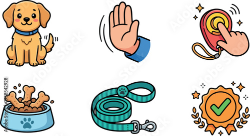 Flat design set six pet care icons showing happy golden puppy sitting raised paw clicker bowl bones teal leash award