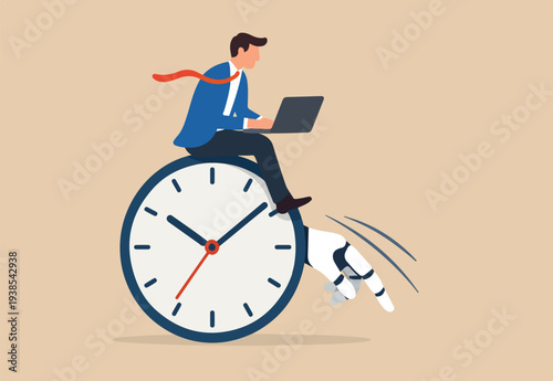 Time management, manage to finish project within deadline, productivity or efficiency to finish work, speed and urgency concept, smart businessman working with computer laptop riding clock