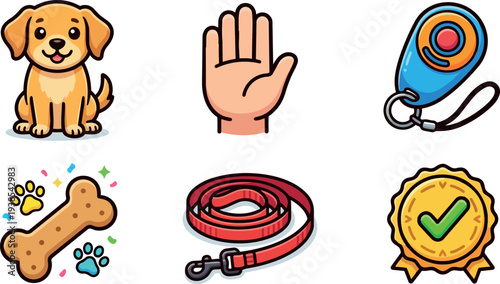 Cartoon sticker style set of puppy training icons including sitting dog, raised hand, clicker, bone, leash, reward badge, flat design