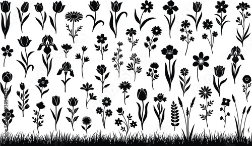 Seamless floral pattern with decorative flowers leaves and butterfly elements in vintage black silhouette vector design suitable for background ornament and nature themed decoration