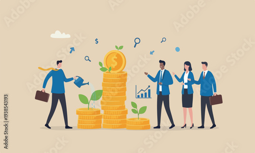 Saving growthfla red pillars, pension prosperity, businessman watering growing seedling growth