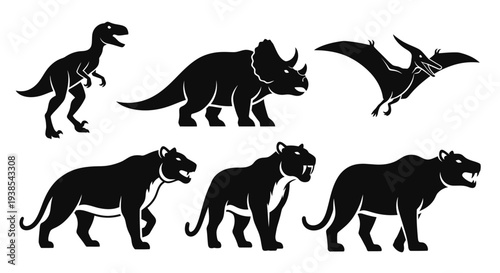 Prehistoric Animals Silhouettes Set: Dinosaurs, Pterodactyl, Triceratops, T-Rex, and Saber-toothed Tigers