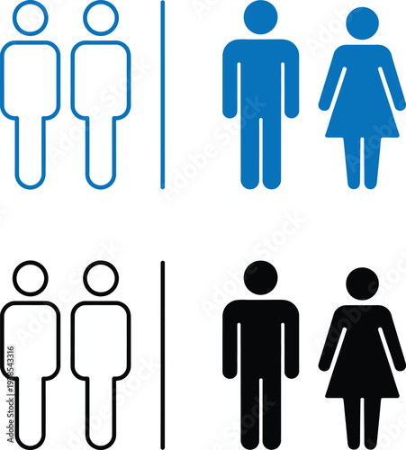 Simple icon set featuring stylized male and female human figures in various colors and designs representing gender equality and diversity.