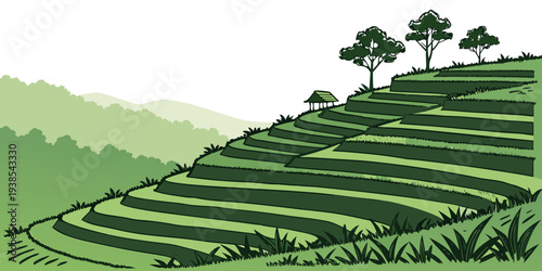 A green hillside with trees and a field of grass Vector