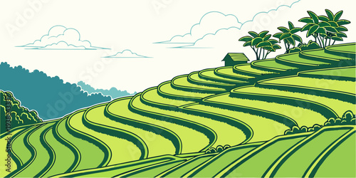 A serene landscape of green rice terraces on a hillside Vector