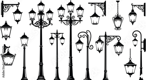 Vintage street lamp silhouette collection, ornate lanterns, decorative urban lighting design, classic architecture elements, black vector illustration, outdoor lamp post set