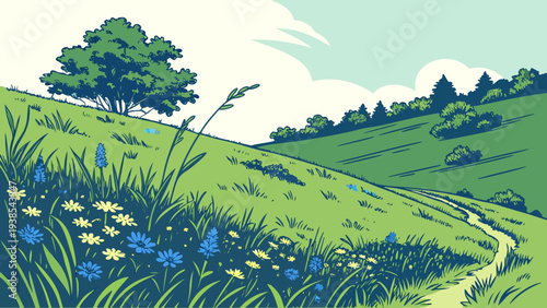 A serene landscape with a winding path and green hills Vector