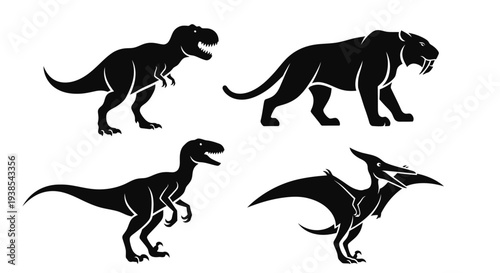 Prehistoric Animals Silhouettes Set: T-Rex, Velociraptor, Pterodactyl, and Saber-toothed Tiger Icons