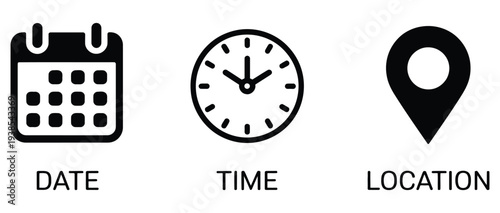 Date time location icon interface appointment marker set for scheduling, calendar event planning, business meeting, and reminder notification concept vector