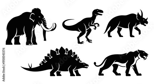 Prehistoric Animals Silhouettes Set: Mammoth, Dinosaurs, and Saber-toothed Tiger Icons