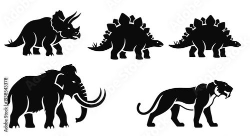 Prehistoric Creatures Silhouettes Collection: Dinosaurs and Ice Age Mammals Icons
