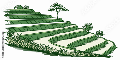 A green field with trees and bushes on a hillside Vector
