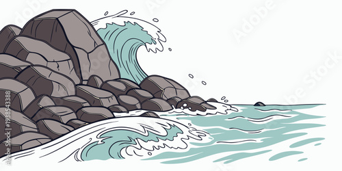 A wave crashing against a rocky shoreline Vector