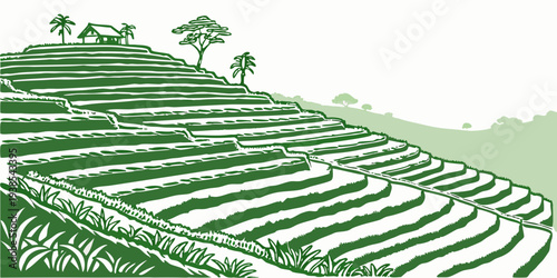 A green illustration of a terraced landscape with trees on a hill Vector