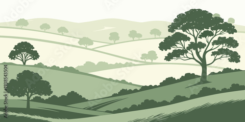 A serene landscape with rolling hills and trees Vector