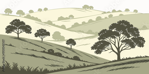 A serene landscape with rolling hills and trees Vector