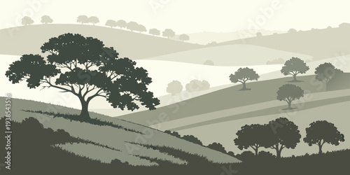 A serene landscape with trees on rolling hills Vector