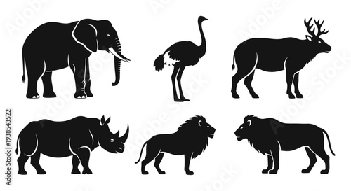 Wild Animal Silhouettes Vector Collection: Elephant, Ostrich, Elk, Rhino, Lions