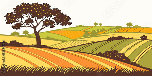 A tree stands alone in a field of rolling hills and farmland Vector