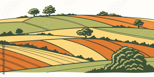 A colorful landscape with trees and fields Vector