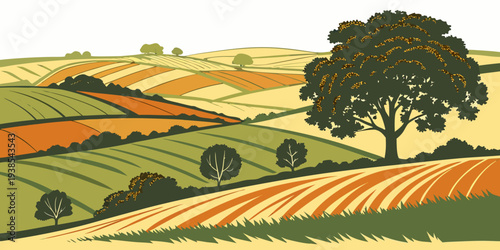 A picturesque landscape of a tree in a field with plowed soil and green grass Vector