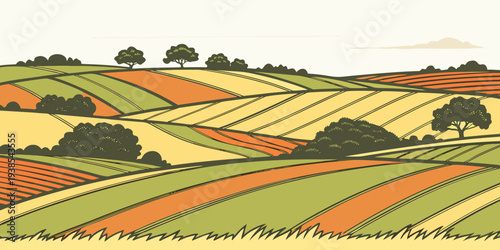 A colorful illustration of a countryside landscape with trees and rolling hills Vector
