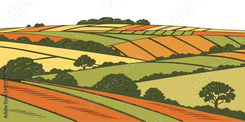 A colorful illustration of rolling hills and trees Vector
