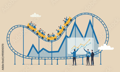 Investment,Investment,meeting teams together fluctuation rising pillars falling down concept, people investors riding roller coaster fluctuated market chart
