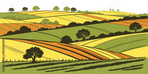 A pixelated image of a rural landscape with trees and fields Vector