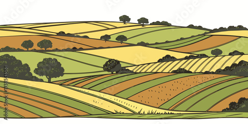 A colorful illustration of rolling hills and fields Vector