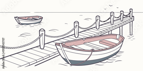 A small boat is tied to a dock with another boat in the background Vector