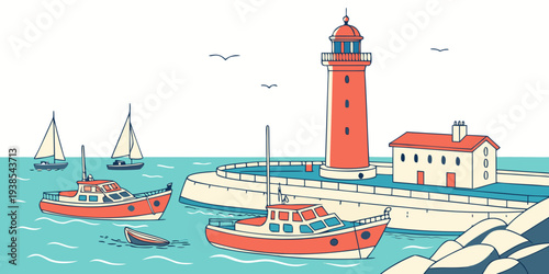 A lighthouse and boats are in the water by a dock Vector
