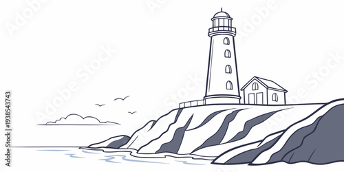 A lighthouse on a rocky coastline by the sea Vector