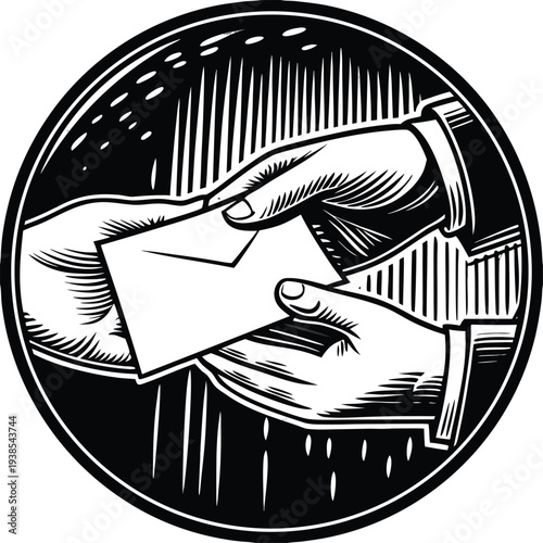 Vector illustration of two hands exchanging an envelope