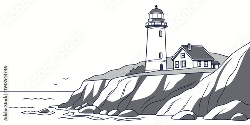 A black and white drawing of a lighthouse on a rocky cliff Vector