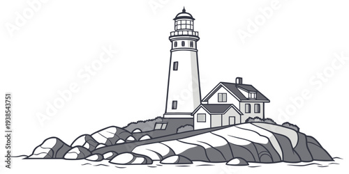 A black and white drawing of a lighthouse on a rocky shore Vector
