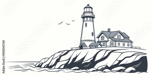 A black and white drawing of a lighthouse on a rocky cliff Vector