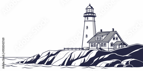 A lighthouse on a rocky coastline by the sea Vector